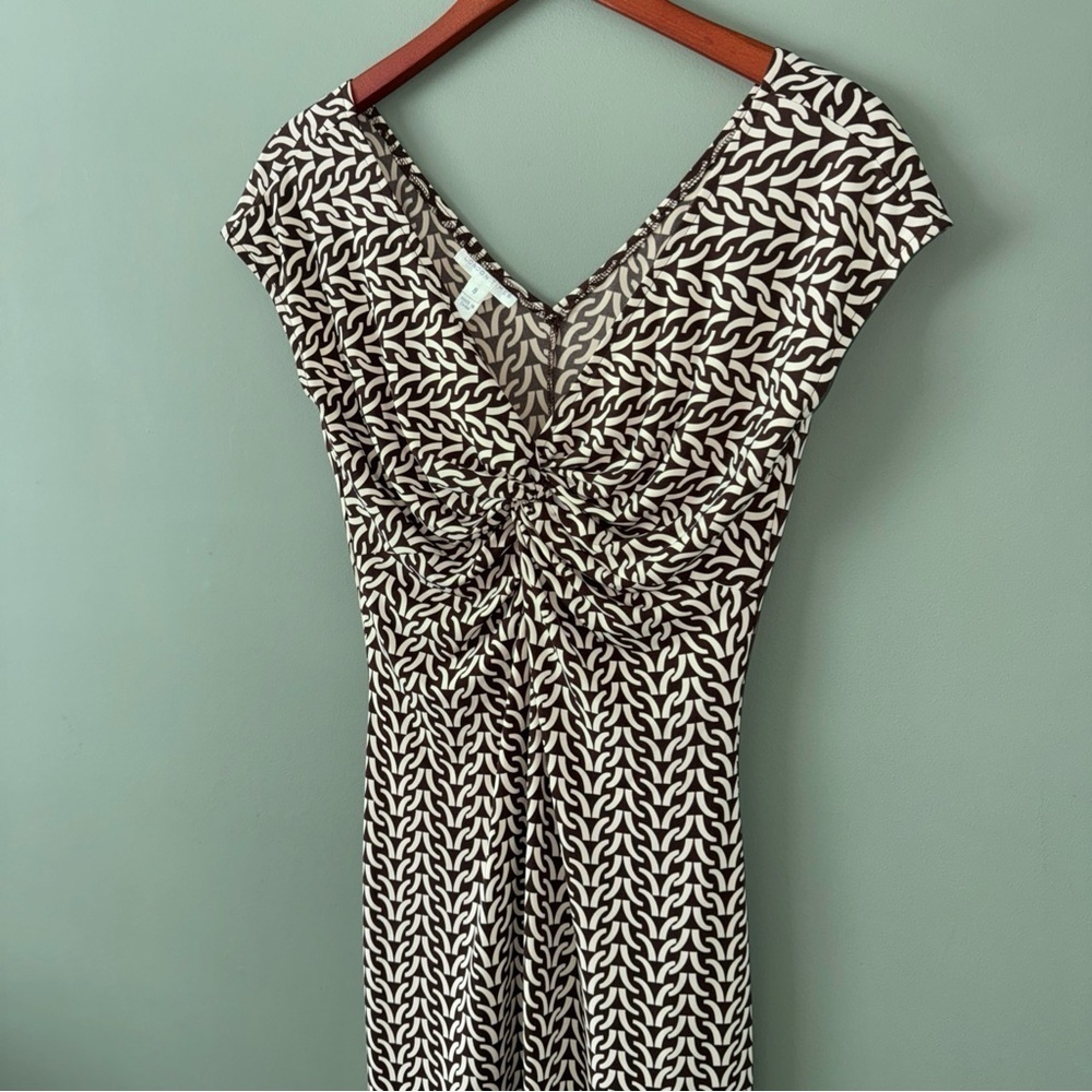 London Times Brown and Ivory Patterned Knot Front Short Cap Sleeve Dress 8 - Picture 2 of 9
